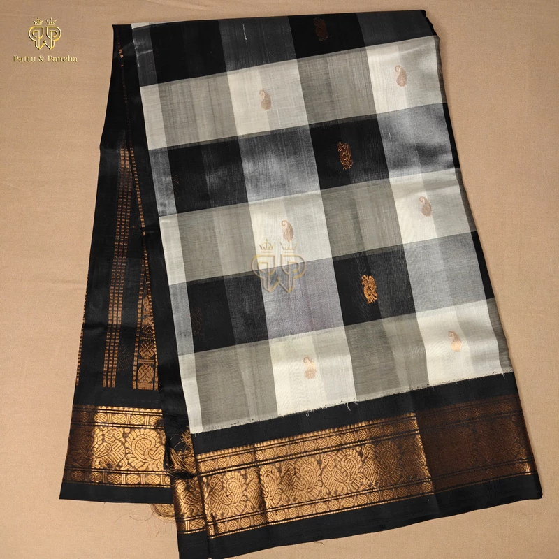 Pure Silk Cotton Saree Black and Grey Palum Pazhamum Checks with Black Copper Gold Zari Border