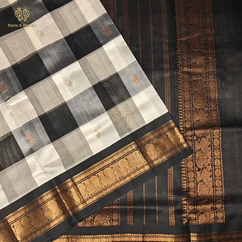 Pure Silk Cotton Saree Black and Grey Palum Pazhamum Checks with Black Copper Gold Zari Border