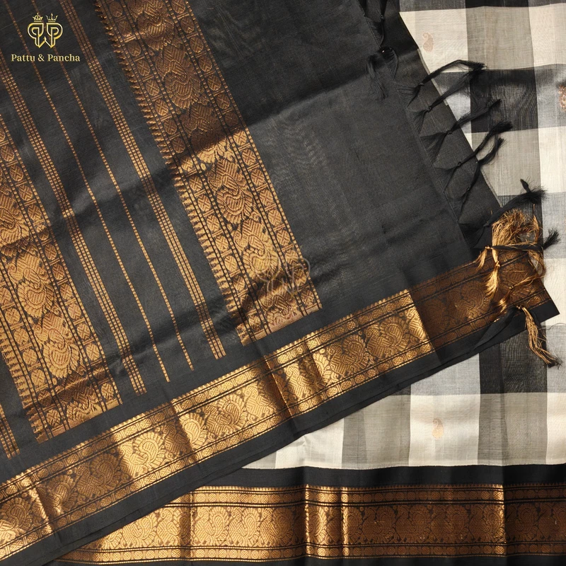 Pure Silk Cotton Saree Black and Grey Palum Pazhamum Checks with Black Copper Gold Zari Border