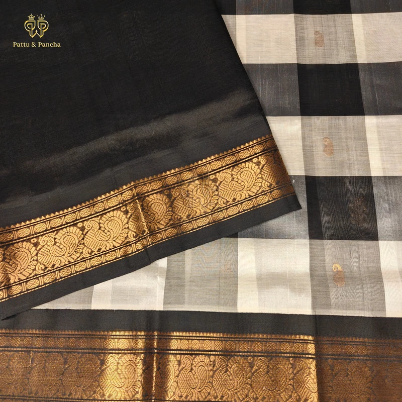 Pure Silk Cotton Saree Black and Grey Palum Pazhamum Checks with Black Copper Gold Zari Border