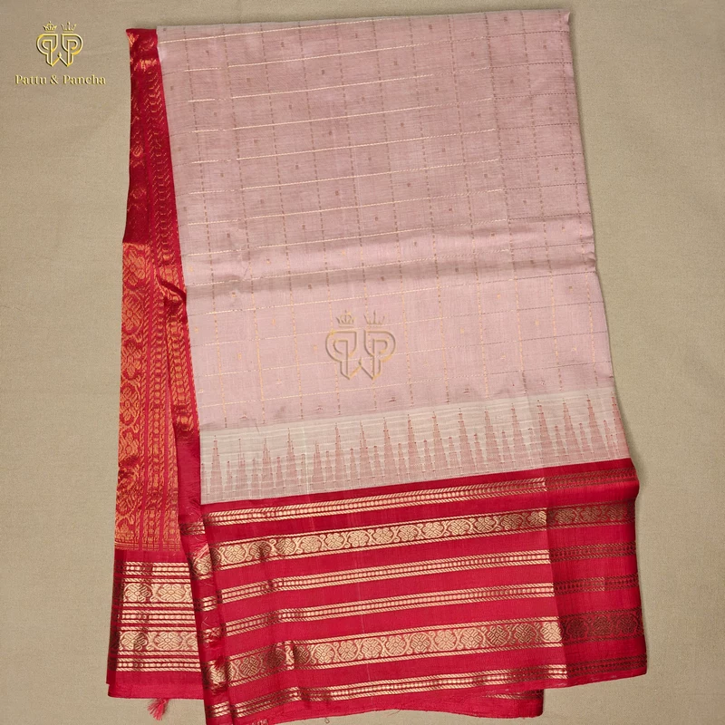 Pure Silk Cotton Saree Onion Pink with Vibrant Red Gold Zari Varisaipet Border