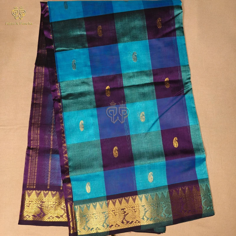 Pure Silk Cotton Saree Blue and Purple Palum Pazhamum Checks with Gold Zari Border