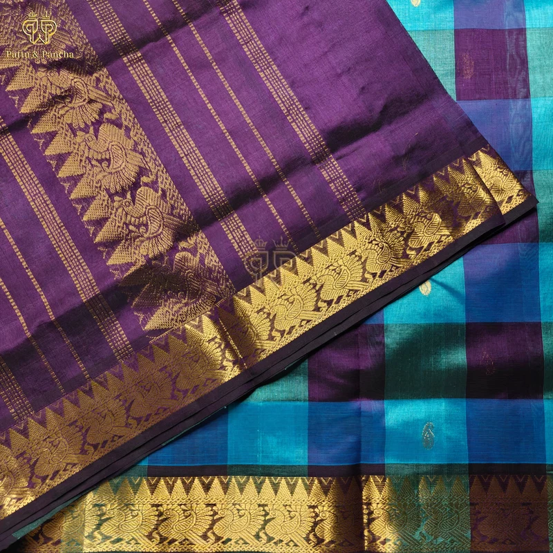 Pure Silk Cotton Saree Blue and Purple Palum Pazhamum Checks with Gold Zari Border