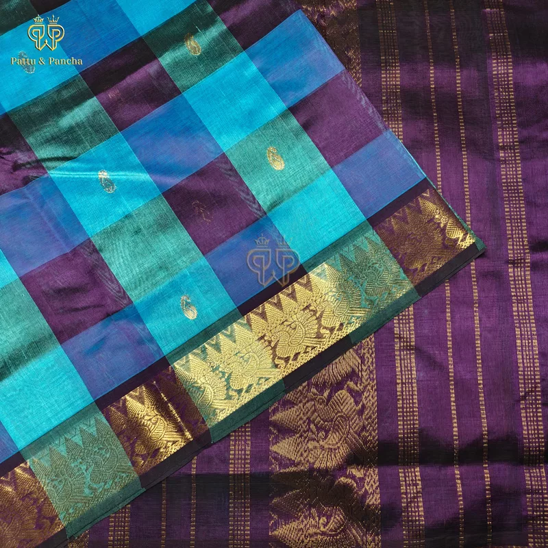 Pure Silk Cotton Saree Blue and Purple Palum Pazhamum Checks with Gold Zari Border