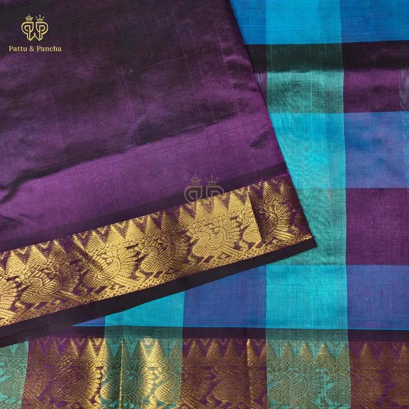 Pure Silk Cotton Saree Blue and Purple Palum Pazhamum Checks with Gold Zari Border