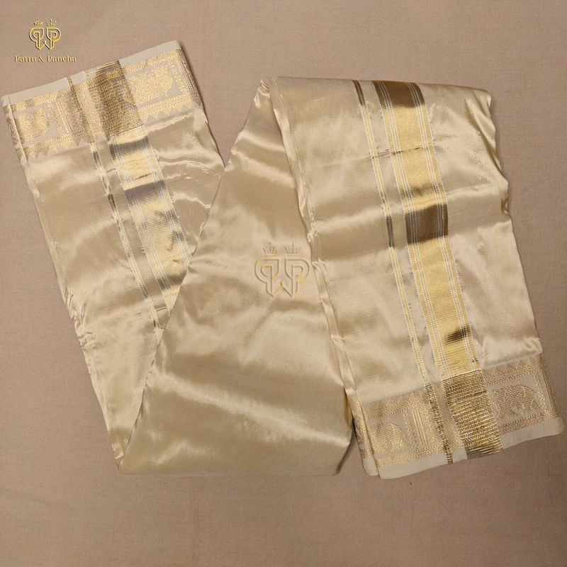 Pure Silk Blend Panchakacham Cream Gold Dhoti with Traditional Elephant Motif Zari Border
