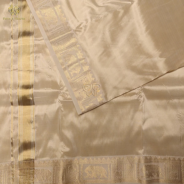 Pure Silk Blend Panchakacham Cream Gold Dhoti with Traditional Elephant Motif Zari Border