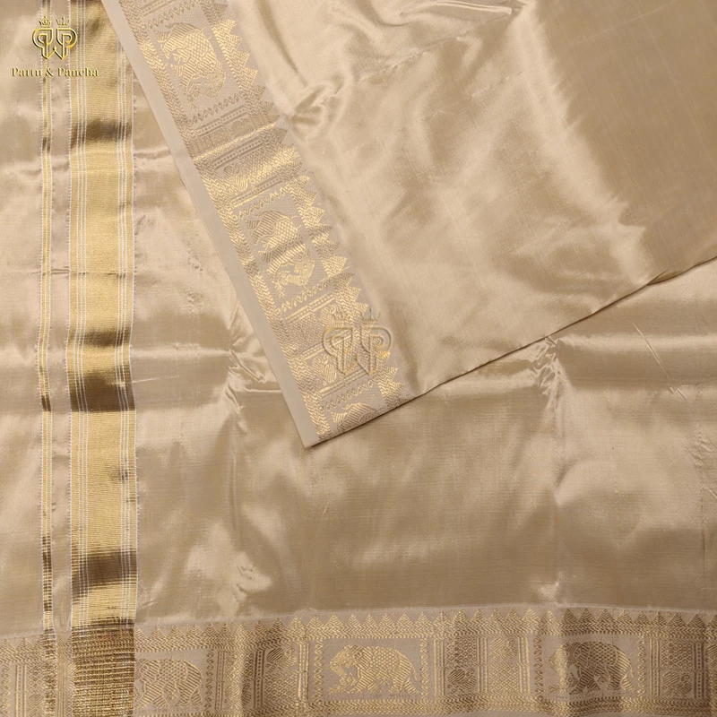 Pure Silk Blend Panchakacham Cream Gold Dhoti with Traditional Elephant Motif Zari Border