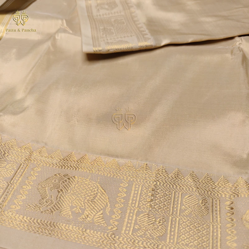 Pure Silk Blend Panchakacham Cream Gold Dhoti with Traditional Elephant Motif Zari Border