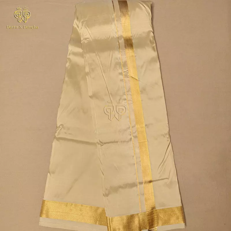 Pure Silk Blend Panchakacham Cream Gold Dhoti with Rich Gold Zari Border