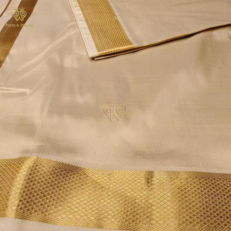 Pure Silk Blend Panchakacham Cream Gold Dhoti with Rich Gold Zari Border