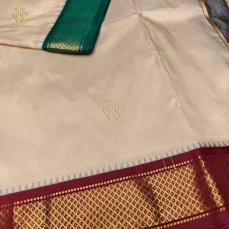 Pure Silk Blend Panchakacham Rose Gold Dhoti with Traditional Maroon and Green Zari Borders