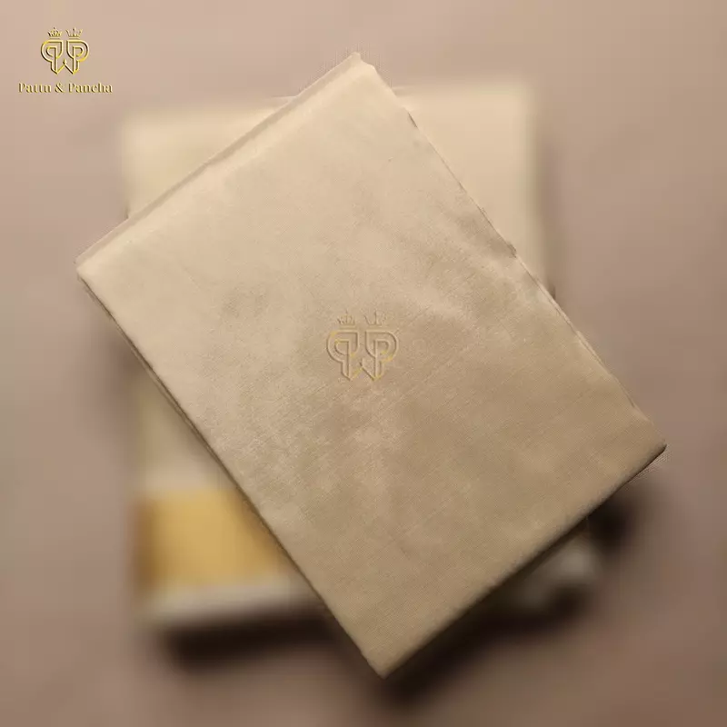 Pure Silk Blend Panchakacham Cream Gold Dhoti with Traditional Elephant Motif Zari Border