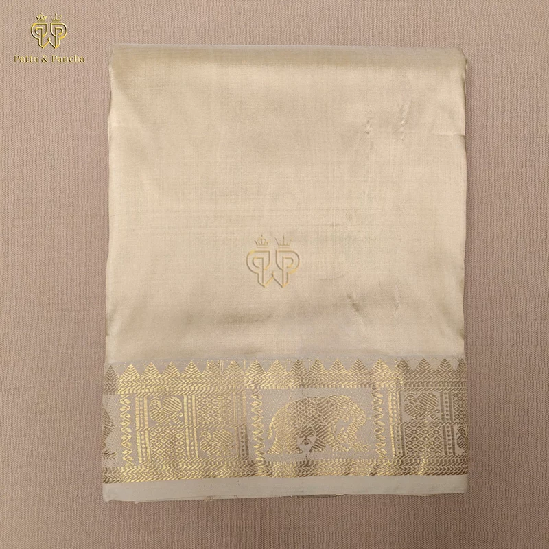 Pure Silk Blend Panchakacham Cream Gold Dhoti with Traditional Elephant Motif Zari Border