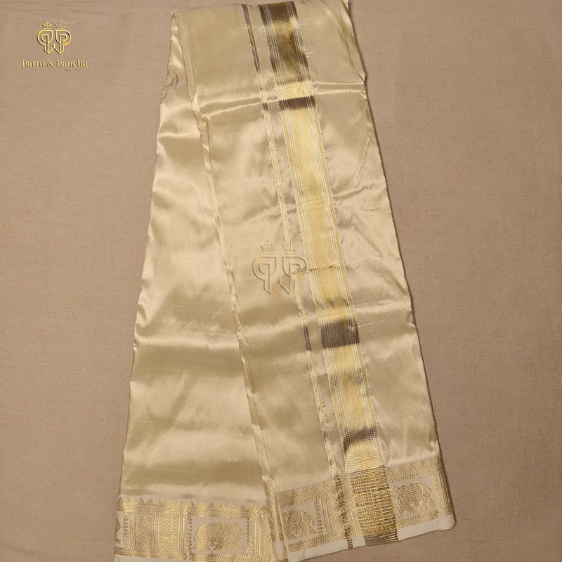 Pure Silk Blend Panchakacham Cream Gold Dhoti with Traditional Elephant Motif Zari Border