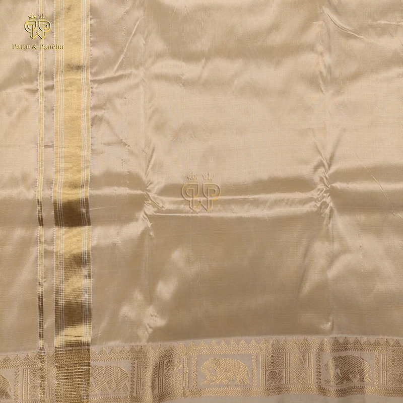Pure Silk Blend Panchakacham Cream Gold Dhoti with Traditional Elephant Motif Zari Border