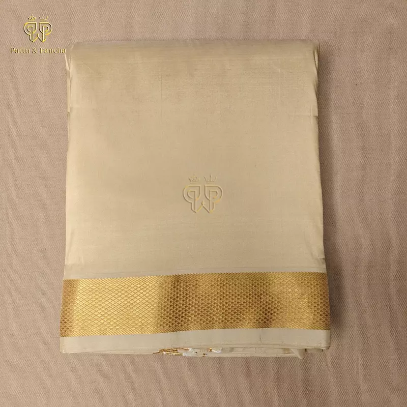 Pure Silk Blend Panchakacham Cream Gold Dhoti with Rich Gold Zari Border