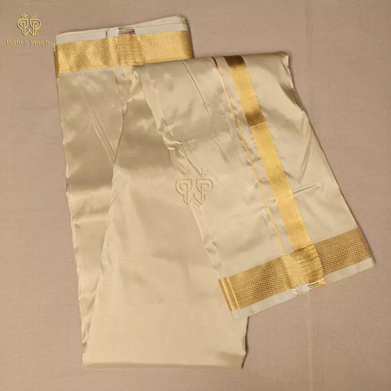 Pure Silk Blend Panchakacham Cream Gold Dhoti with Rich Gold Zari Border