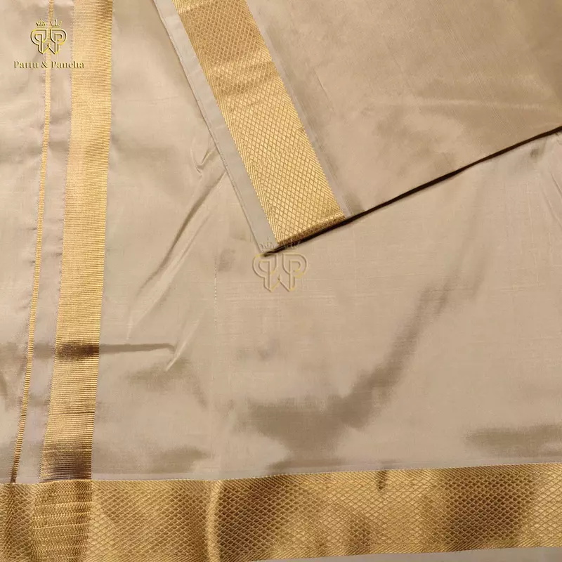 Pure Silk Blend Panchakacham Cream Gold Dhoti with Rich Gold Zari Border