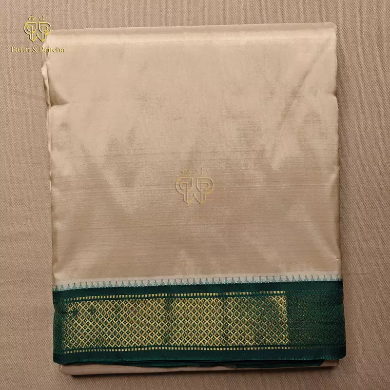 Pure Silk Blend Panchakacham Rose Gold Dhoti with Traditional Maroon and Green Zari Borders