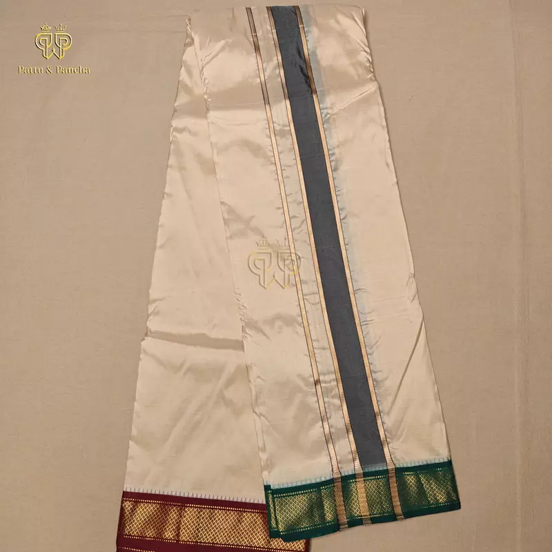 Pure Silk Blend Panchakacham Rose Gold Dhoti with Traditional Maroon and Green Zari Borders