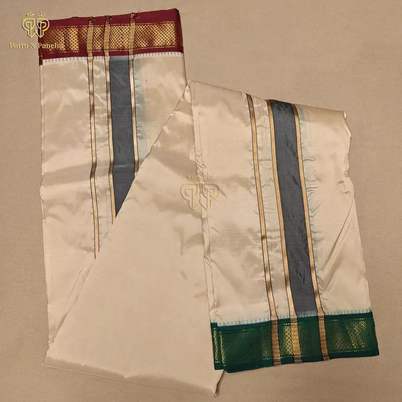 Pure Silk Blend Panchakacham Rose Gold Dhoti with Traditional Maroon and Green Zari Borders