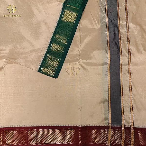 Pure Silk Blend Panchakacham Rose Gold Dhoti with Traditional Maroon and Green Zari Borders