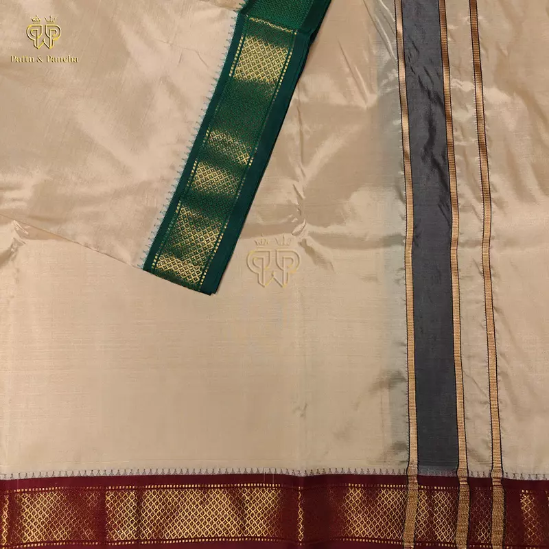 Pure Silk Blend Panchakacham Rose Gold Dhoti with Traditional Maroon and Green Zari Borders