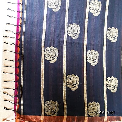 Magenta & Black Striped Pure Organic Handloom Linen Saree