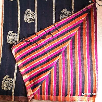 Magenta & Black Striped Pure Organic Handloom Linen Saree