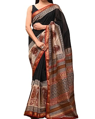 Premium Black Hand Block Printed Maheshwari Silk Saree