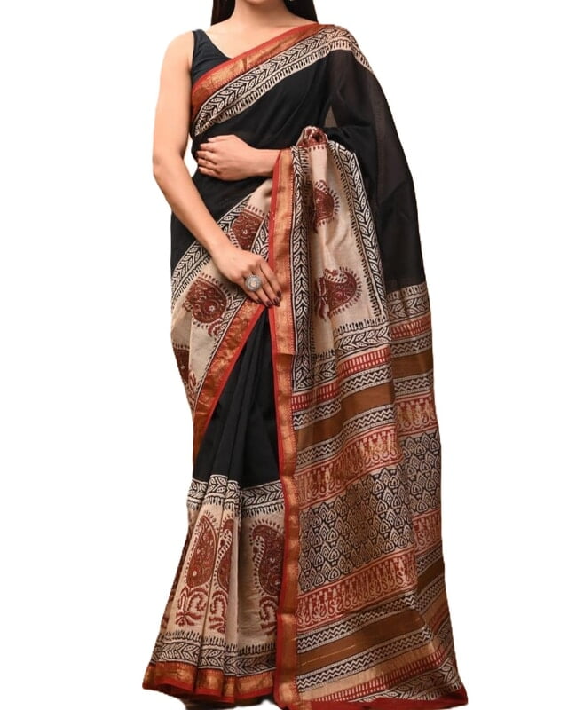Premium Black Hand Block Printed Maheshwari Silk Saree Premium Black Hand Block Printed Maheshwari Silk Saree