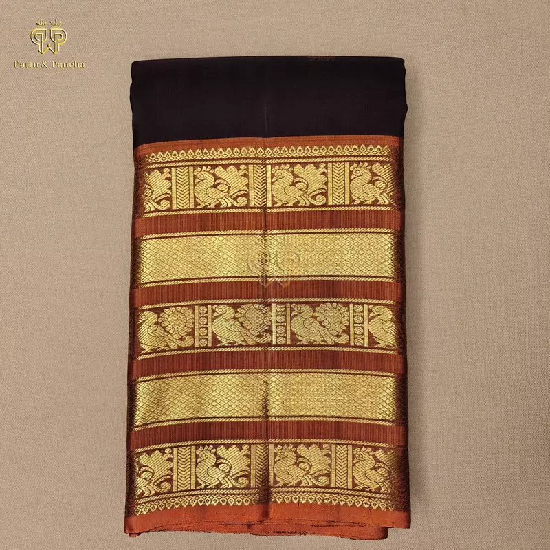 Pure Silk Bridal Kanchipuram Saree in Dark Coffee Brown with Rust Orange Gold Zari Varisaipet Border