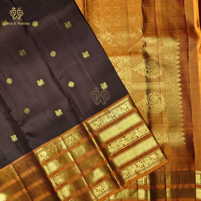 Pure Silk Bridal Kanchipuram Saree in Dark Coffee Brown with Rust Orange Gold Zari Varisaipet Border