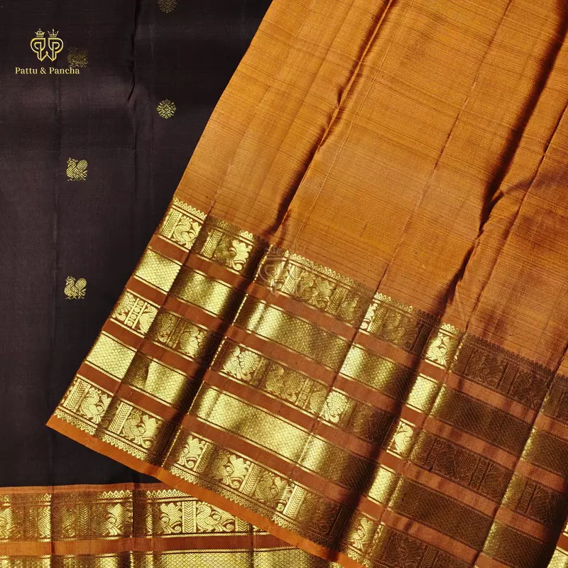 Pure Silk Bridal Kanchipuram Saree in Dark Coffee Brown with Rust Orange Gold Zari Varisaipet Border