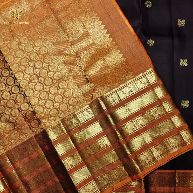 Pure Silk Bridal Kanchipuram Saree in Dark Coffee Brown with Rust Orange Gold Zari Varisaipet Border