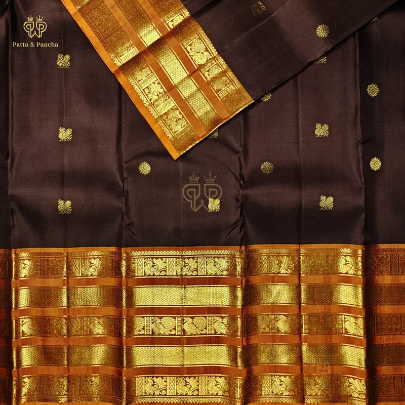 Pure Silk Bridal Kanchipuram Saree in Dark Coffee Brown with Rust Orange Gold Zari Varisaipet Border
