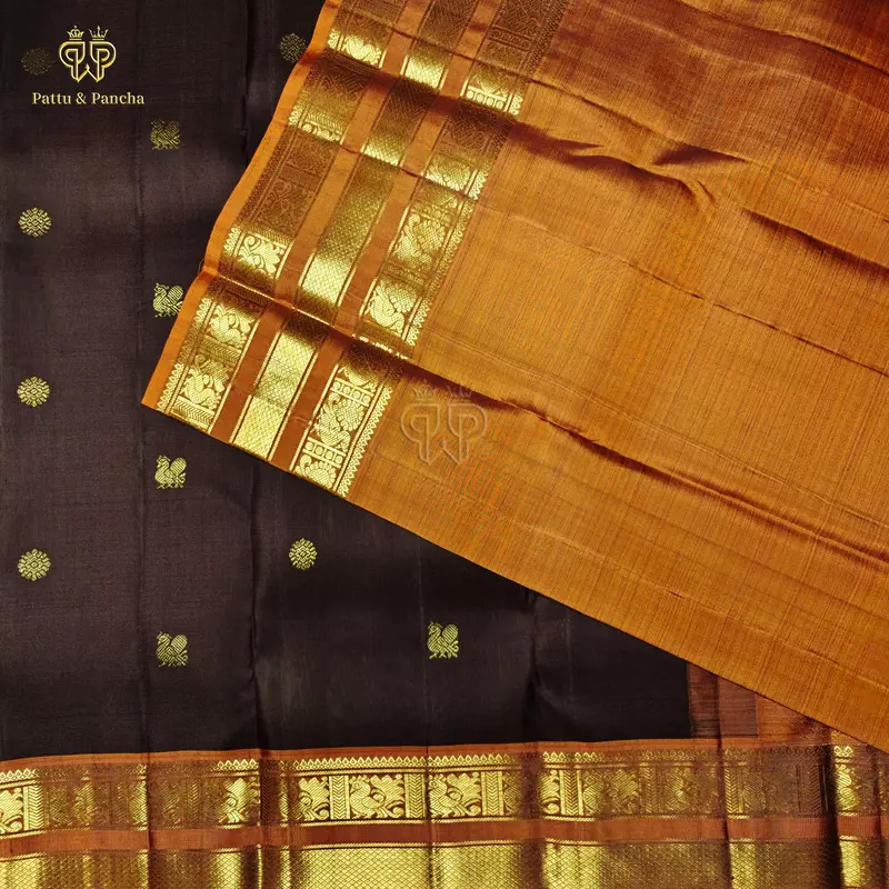 Pure Silk Bridal Kanchipuram Saree in Dark Coffee Brown with Rust Orange Gold Zari Varisaipet Border