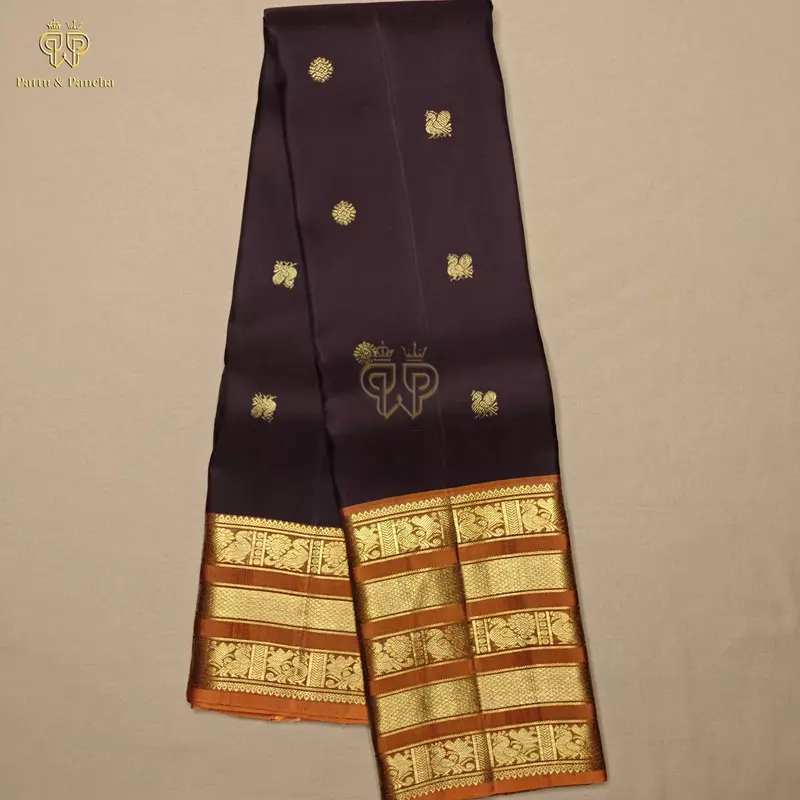 Pure Silk Bridal Kanchipuram Saree in Dark Coffee Brown with Rust Orange Gold Zari Varisaipet Border