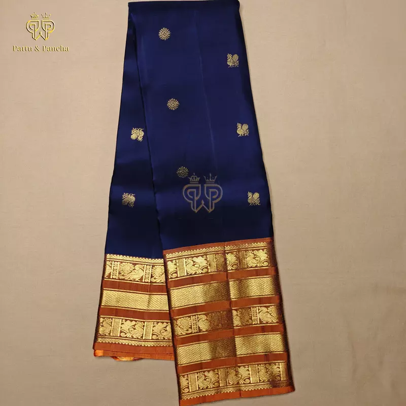 Pure Silk Bridal Kanchipuram Saree in Cadbury Blue with Rust Orange Gold Zari Varisaipet Border