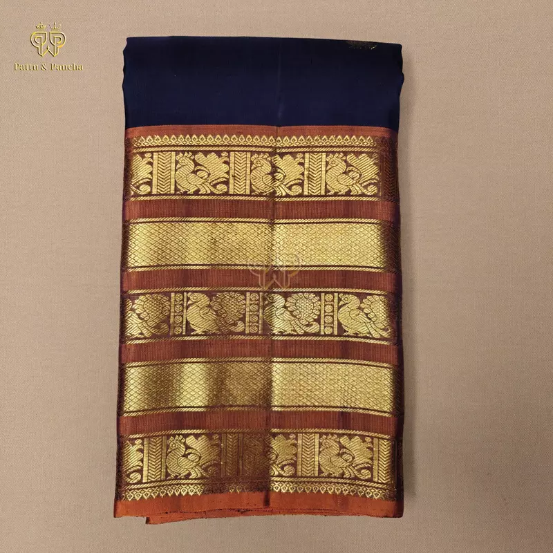 Pure Silk Bridal Kanchipuram Saree in Cadbury Blue with Rust Orange Gold Zari Varisaipet Border