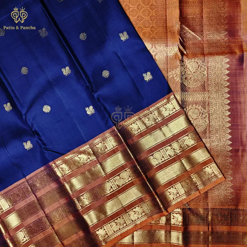 Pure Silk Bridal Kanchipuram Saree in Cadbury Blue with Rust Orange Gold Zari Varisaipet Border