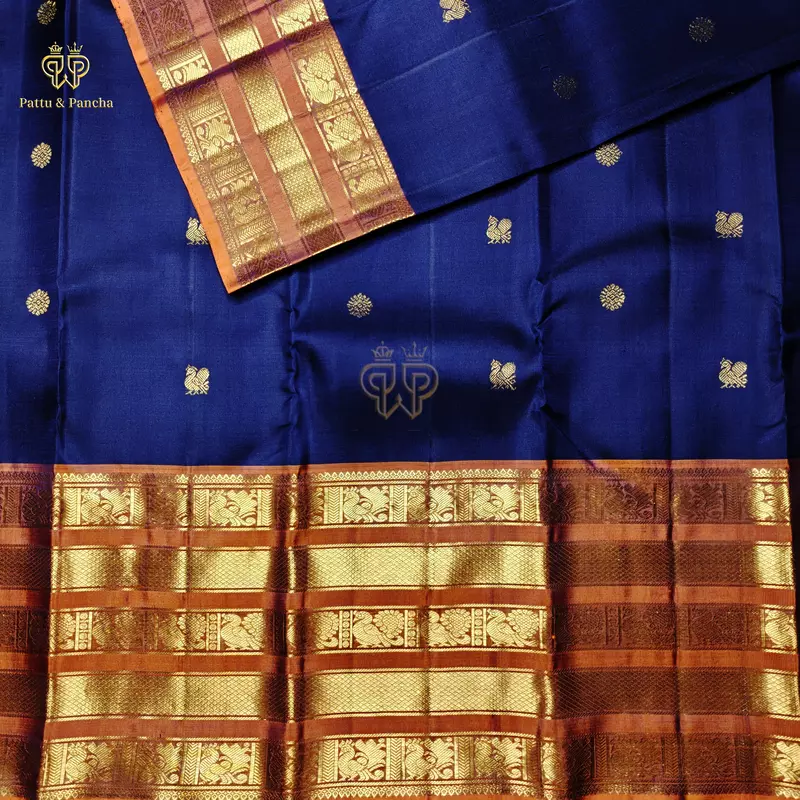 Pure Silk Bridal Kanchipuram Saree in Cadbury Blue with Rust Orange Gold Zari Varisaipet Border