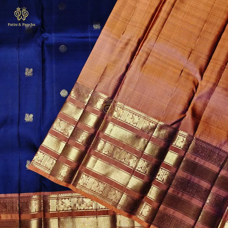 Pure Silk Bridal Kanchipuram Saree in Cadbury Blue with Rust Orange Gold Zari Varisaipet Border