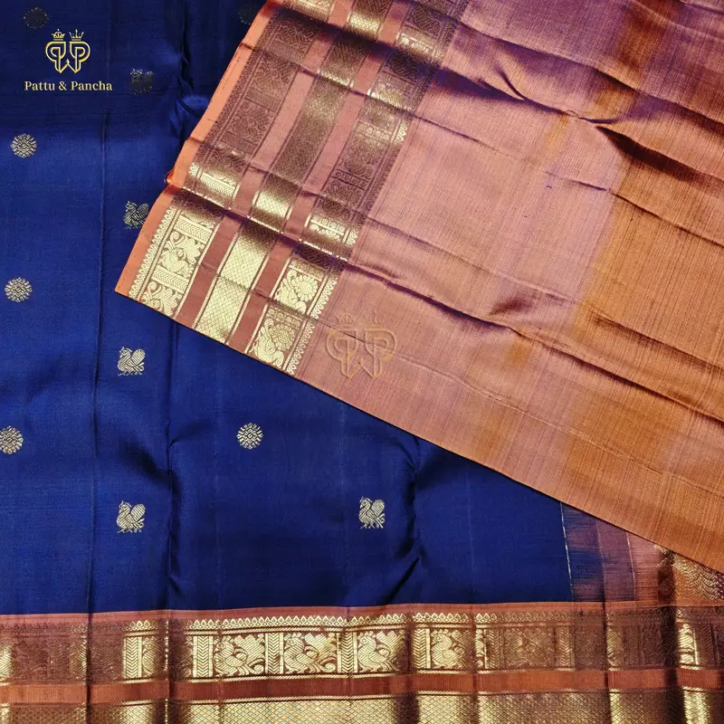 Pure Silk Bridal Kanchipuram Saree in Cadbury Blue with Rust Orange Gold Zari Varisaipet Border