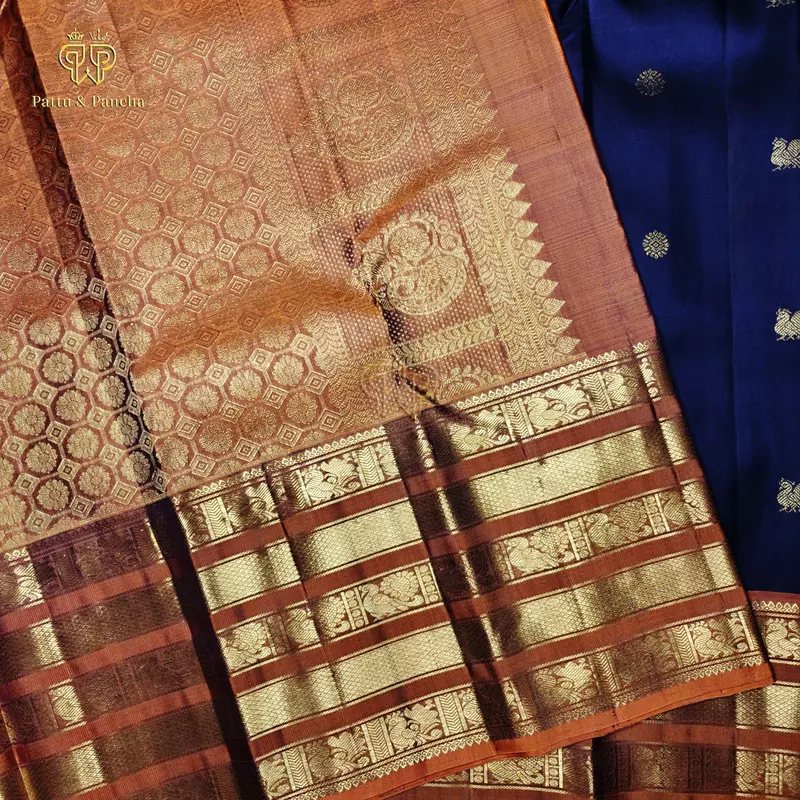 Pure Silk Bridal Kanchipuram Saree in Cadbury Blue with Rust Orange Gold Zari Varisaipet Border