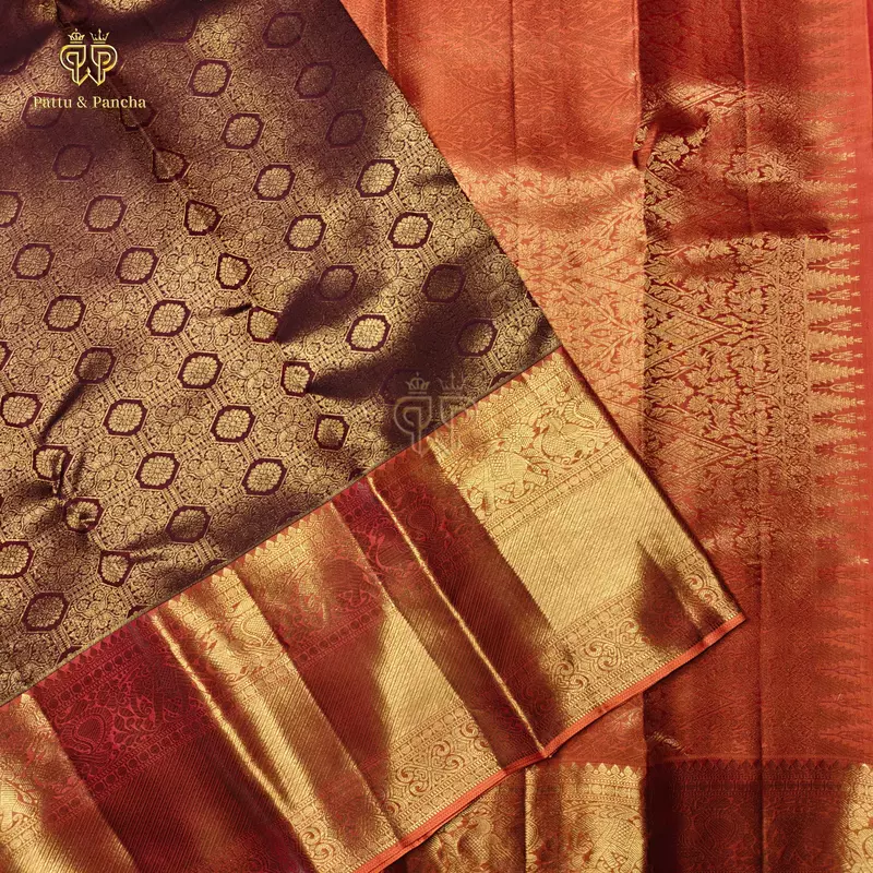 Pure Silk Maroon Bridal Saree with Gold Zari Jacquard Weaving and Orange gold zari border