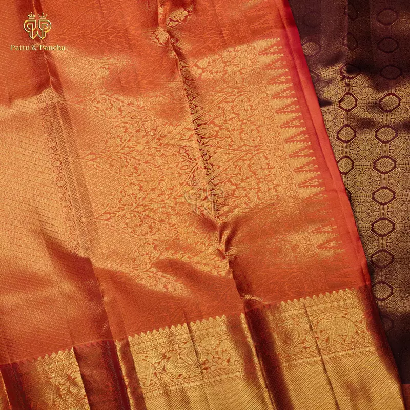Pure Silk Maroon Bridal Saree with Gold Zari Jacquard Weaving and Orange gold zari border