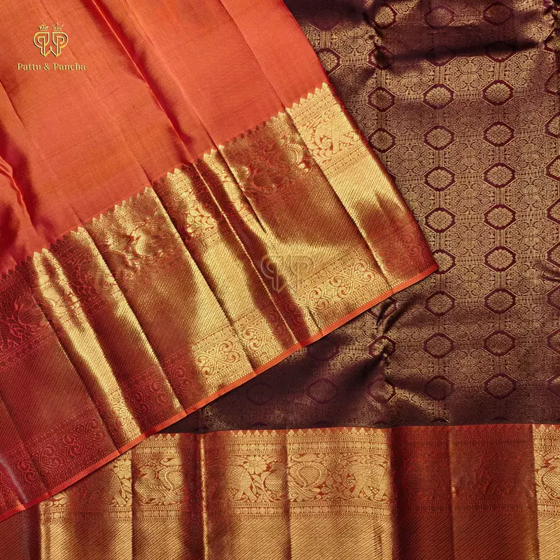 Pure Silk Maroon Bridal Saree with Gold Zari Jacquard Weaving and Orange gold zari border