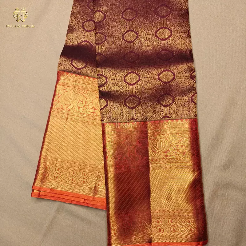 Pure Silk Maroon Bridal Saree with Gold Zari Jacquard Weaving and Orange gold zari border
